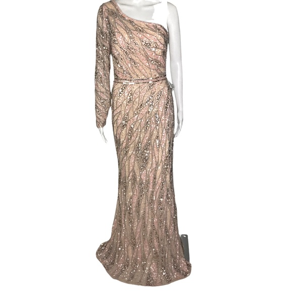 NWT Mac Duggal 4982 Rose Gold Embellished One Shoulder Gown w Sequin Belt - Sz 4 - Picture 5 of 13
